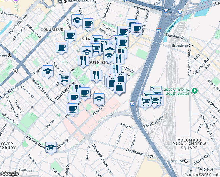 map of restaurants, bars, coffee shops, grocery stores, and more near 595 Albany Street in Boston
