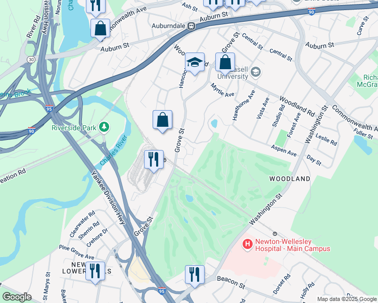 map of restaurants, bars, coffee shops, grocery stores, and more near 282 Grove Street in Newton