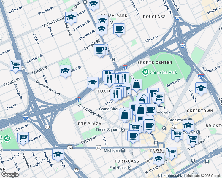 map of restaurants, bars, coffee shops, grocery stores, and more near 101 West Columbia Street in Detroit