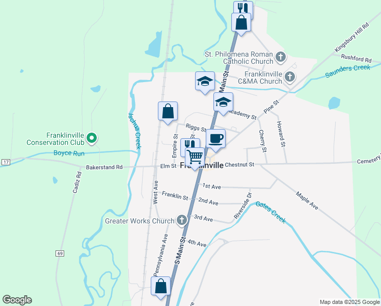 map of restaurants, bars, coffee shops, grocery stores, and more near Church Street in Franklinville
