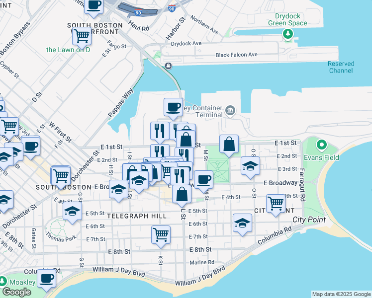 map of restaurants, bars, coffee shops, grocery stores, and more near 1-25 L Street in Boston
