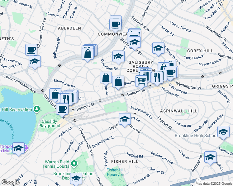 map of restaurants, bars, coffee shops, grocery stores, and more near 1788 Beacon Street in Brookline