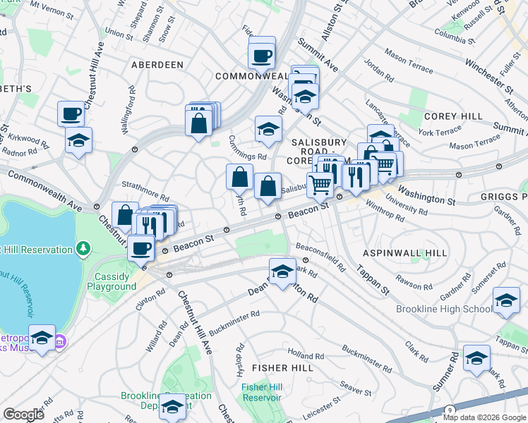 map of restaurants, bars, coffee shops, grocery stores, and more near 1788 Beacon Street in Brookline