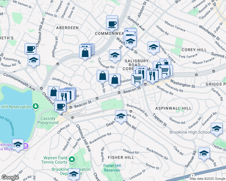 map of restaurants, bars, coffee shops, grocery stores, and more near 1804 Beacon Street in Brookline