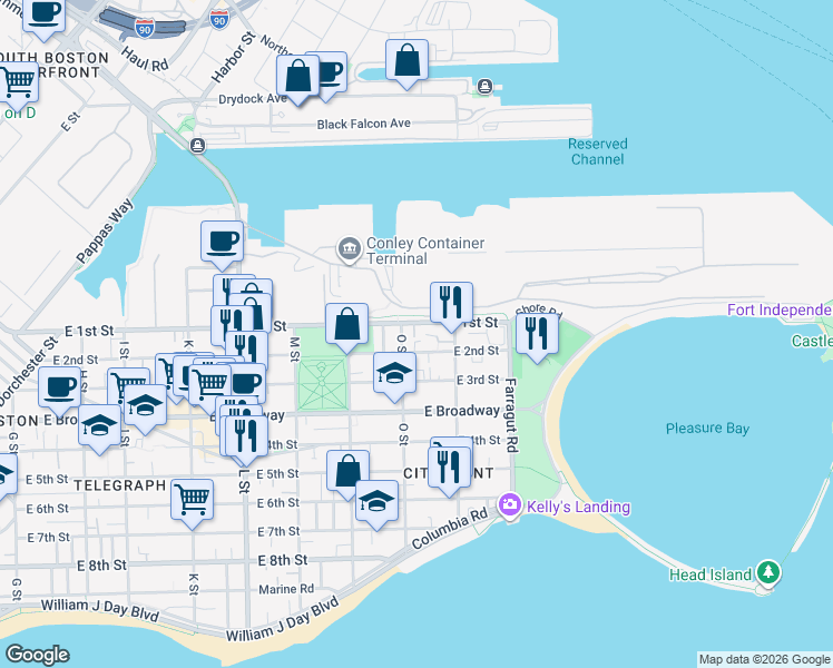 map of restaurants, bars, coffee shops, grocery stores, and more near 880 East 2nd Street in Boston