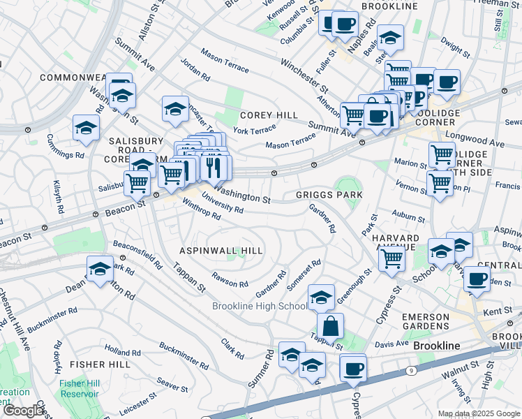 map of restaurants, bars, coffee shops, grocery stores, and more near 107 University Road in Brookline