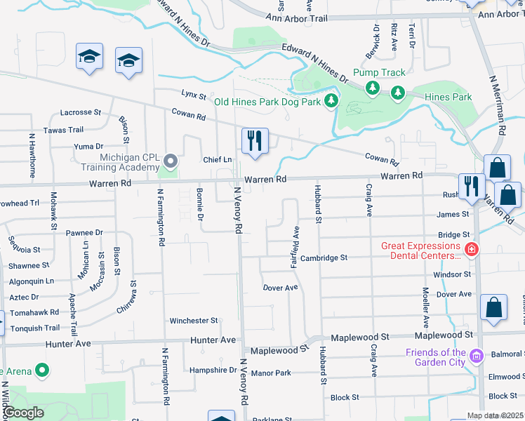 map of restaurants, bars, coffee shops, grocery stores, and more near 7040 North Venoy Road in Garden City