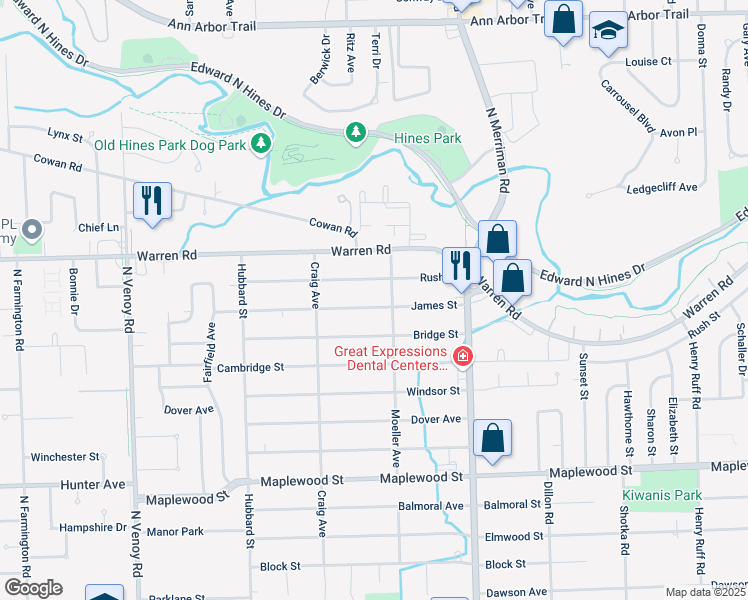 map of restaurants, bars, coffee shops, grocery stores, and more near 31741 James Street in Garden City