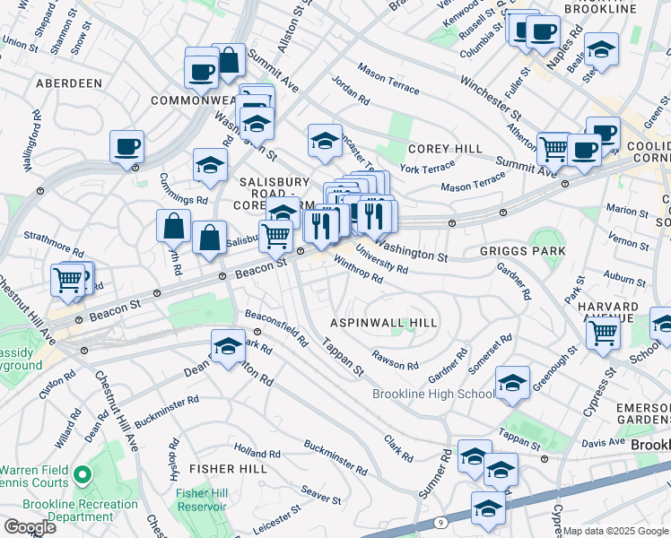map of restaurants, bars, coffee shops, grocery stores, and more near 11 Garrison Road in Brookline