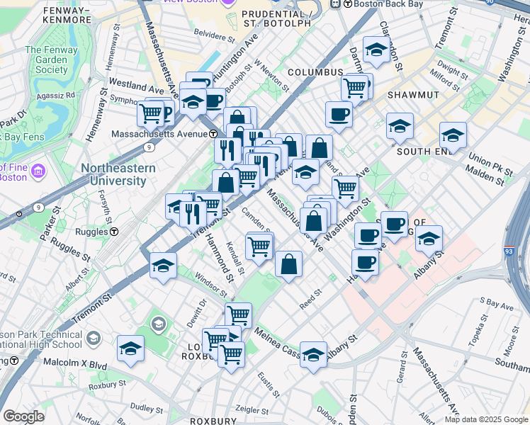 map of restaurants, bars, coffee shops, grocery stores, and more near 216 Northampton Street in Boston