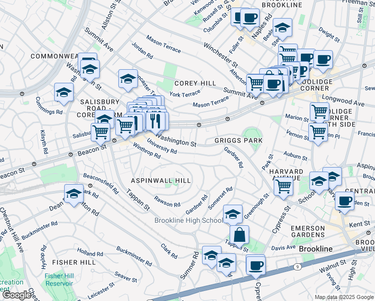 map of restaurants, bars, coffee shops, grocery stores, and more near 107 University Road in Brookline