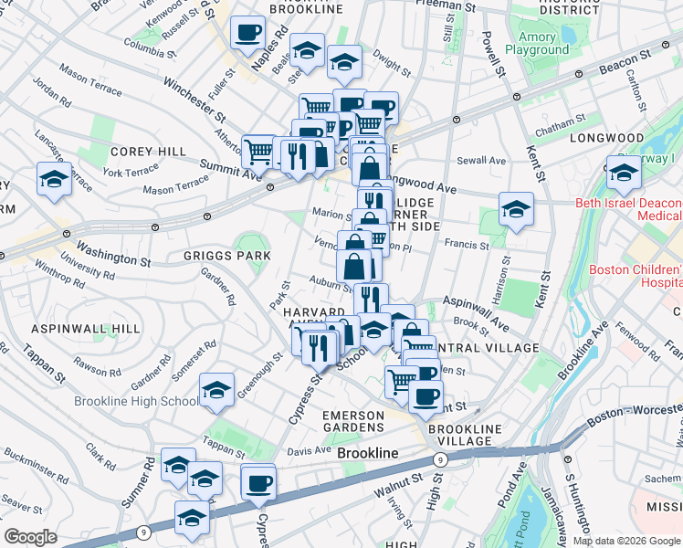 map of restaurants, bars, coffee shops, grocery stores, and more near 2 Washburn Place in Brookline