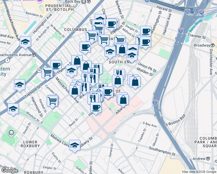 map of restaurants, bars, coffee shops, grocery stores, and more near 34 East Newton Street in Boston