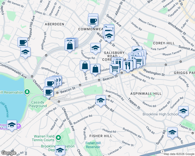 map of restaurants, bars, coffee shops, grocery stores, and more near 1763 Beacon Street in Brookline