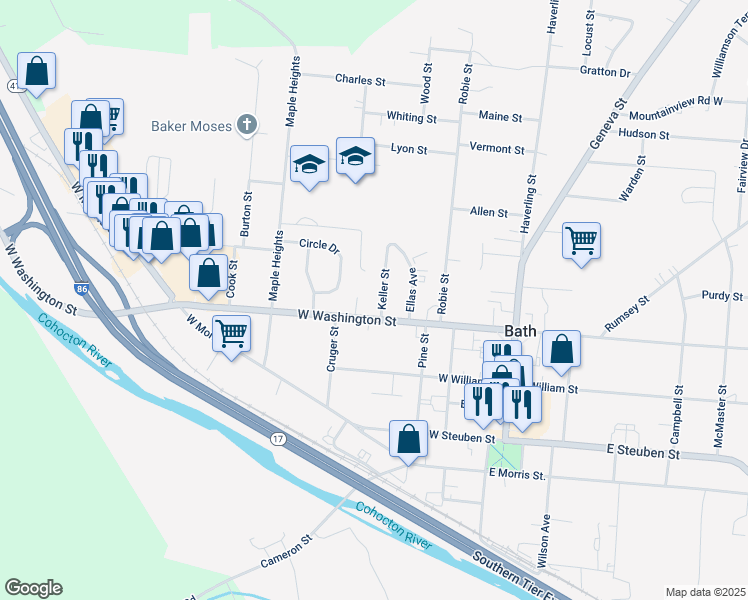map of restaurants, bars, coffee shops, grocery stores, and more near 120 West Washington Street in Bath