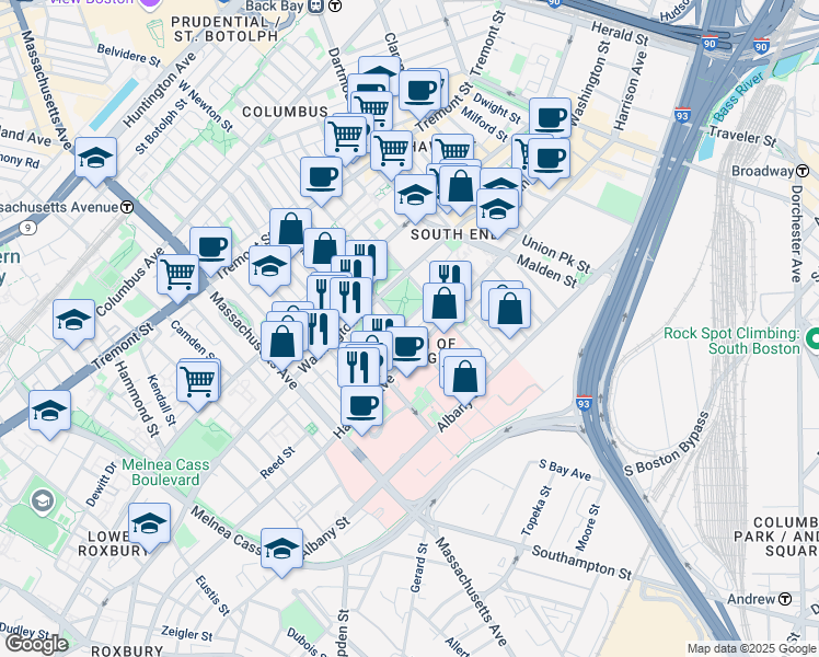 map of restaurants, bars, coffee shops, grocery stores, and more near 34 East Newton Street in Boston