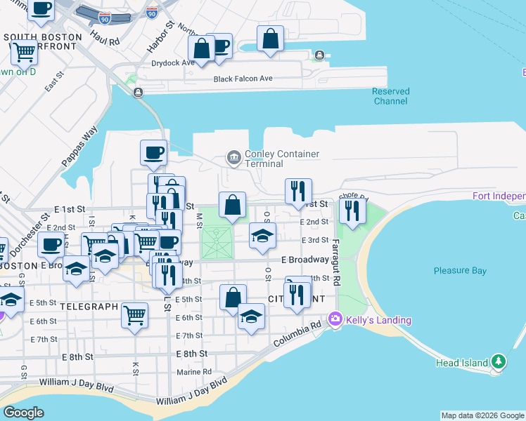 map of restaurants, bars, coffee shops, grocery stores, and more near 7 O Street in Boston