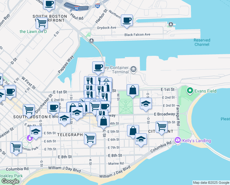 map of restaurants, bars, coffee shops, grocery stores, and more near 730 East 2nd Street in Boston