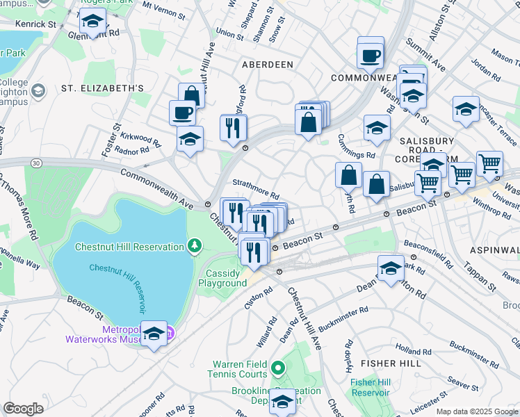 map of restaurants, bars, coffee shops, grocery stores, and more near 50 Sutherland Road in Boston