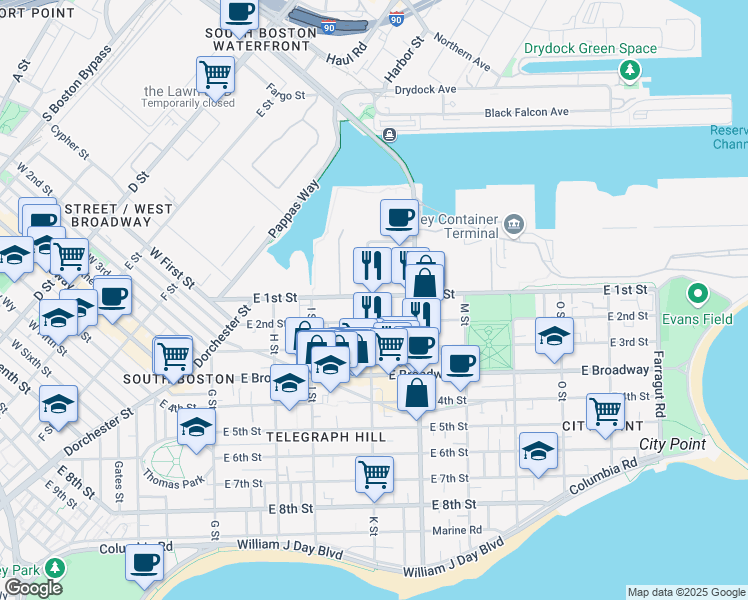 map of restaurants, bars, coffee shops, grocery stores, and more near in Boston
