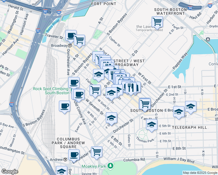 map of restaurants, bars, coffee shops, grocery stores, and more near 350 West Fourth Street in Boston