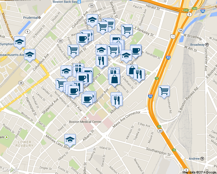 map of restaurants, bars, coffee shops, grocery stores, and more near 732 Harrison Avenue in Boston