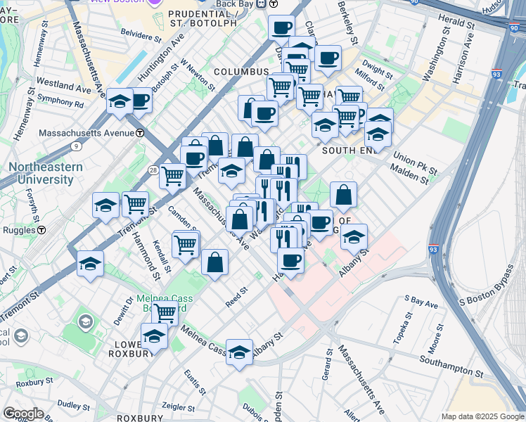 map of restaurants, bars, coffee shops, grocery stores, and more near 1718 Washington Street in Boston