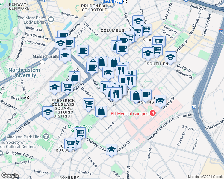 map of restaurants, bars, coffee shops, grocery stores, and more near 620 Massachusetts Avenue in Boston