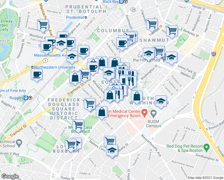 map of restaurants, bars, coffee shops, grocery stores, and more near in Boston