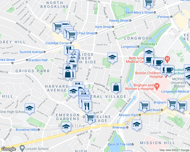 map of restaurants, bars, coffee shops, grocery stores, and more near 62 Toxteth Street in Brookline