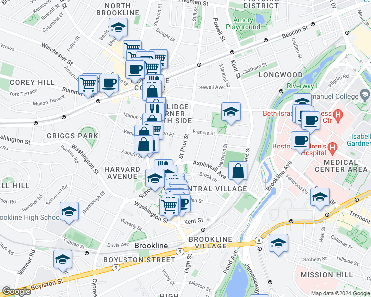 map of restaurants, bars, coffee shops, grocery stores, and more near 15 Saint Paul Street in Brookline
