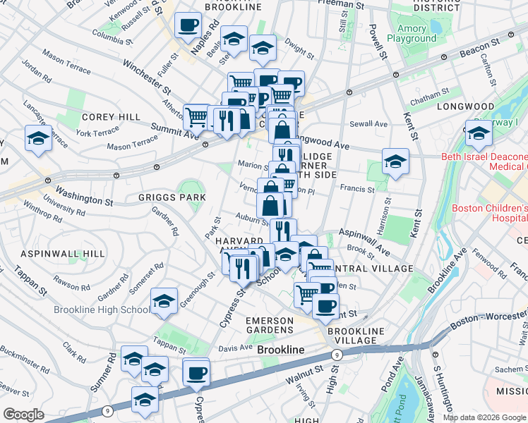 map of restaurants, bars, coffee shops, grocery stores, and more near 2 Washburn Place in Brookline