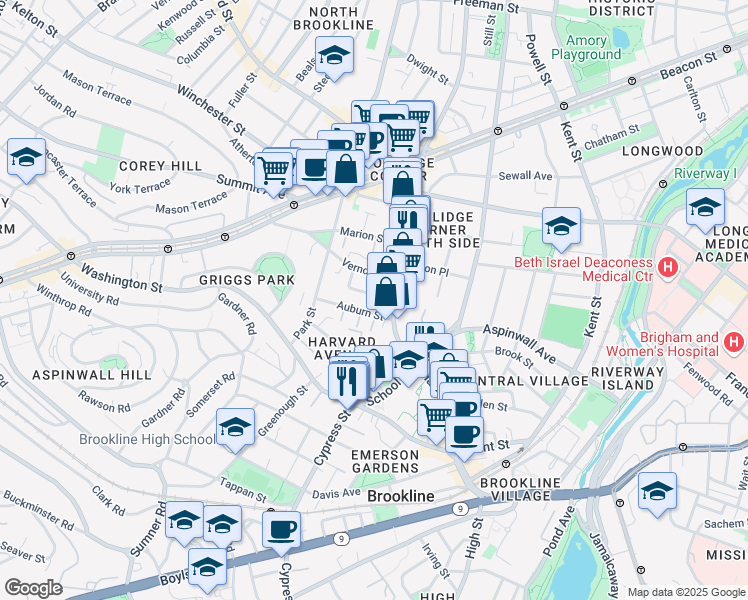map of restaurants, bars, coffee shops, grocery stores, and more near 2 Washburn Place in Brookline