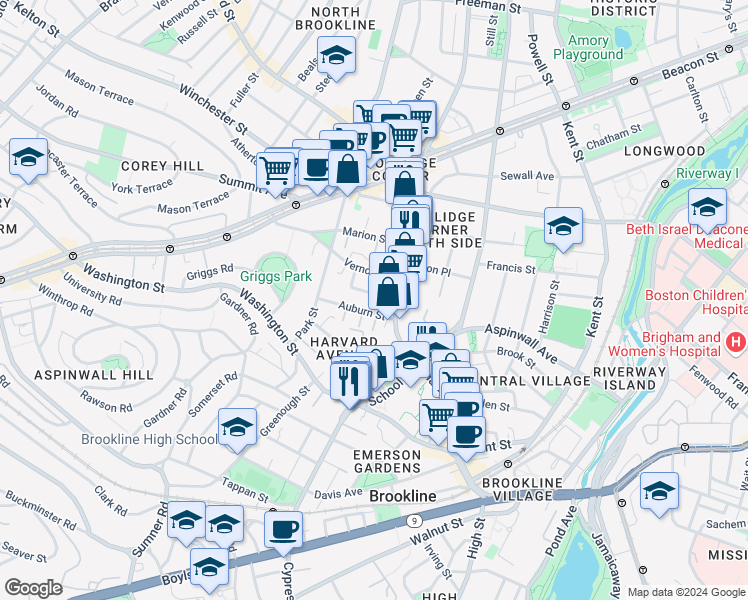map of restaurants, bars, coffee shops, grocery stores, and more near 2 Washburn Place in Brookline