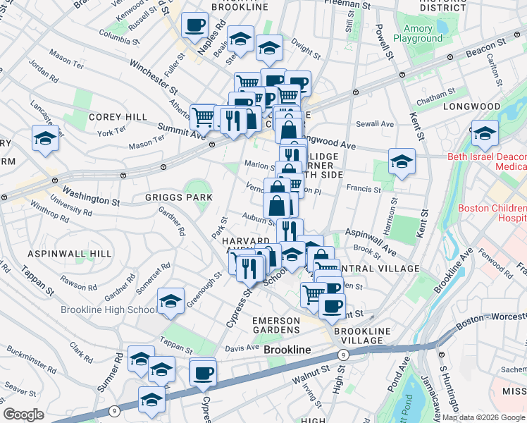 map of restaurants, bars, coffee shops, grocery stores, and more near 2 Washburn Place in Brookline