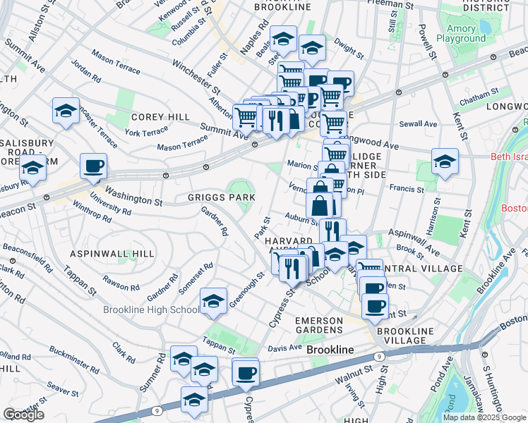map of restaurants, bars, coffee shops, grocery stores, and more near 32 Park Street in Brookline