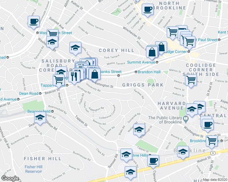 map of restaurants, bars, coffee shops, grocery stores, and more near 107 University Road in Brookline