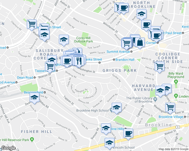 map of restaurants, bars, coffee shops, grocery stores, and more near 107 University Road in Brookline