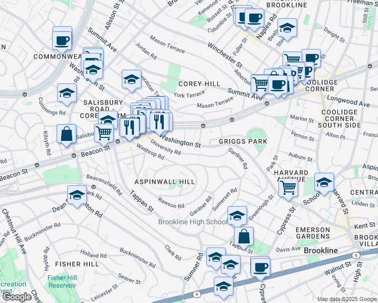 map of restaurants, bars, coffee shops, grocery stores, and more near 119 Winthrop Road in Brookline