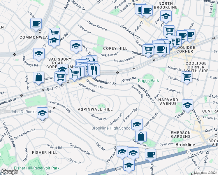 map of restaurants, bars, coffee shops, grocery stores, and more near 119 Winthrop Road in Brookline