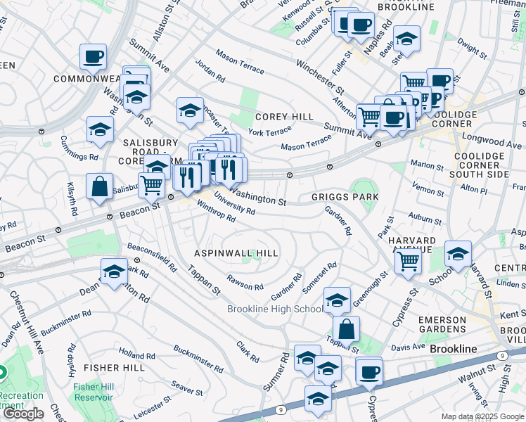map of restaurants, bars, coffee shops, grocery stores, and more near 119 Winthrop Road in Brookline