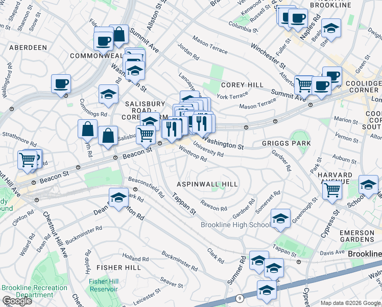 map of restaurants, bars, coffee shops, grocery stores, and more near 10 Claflin Road in Brookline