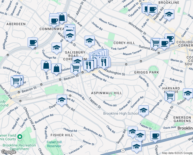 map of restaurants, bars, coffee shops, grocery stores, and more near 10 Claflin Road in Brookline