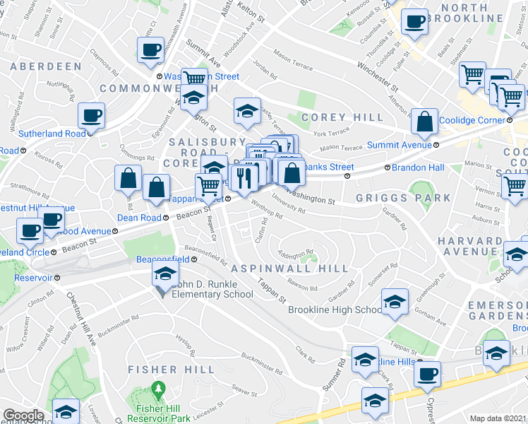 map of restaurants, bars, coffee shops, grocery stores, and more near 10 Claflin Road in Brookline