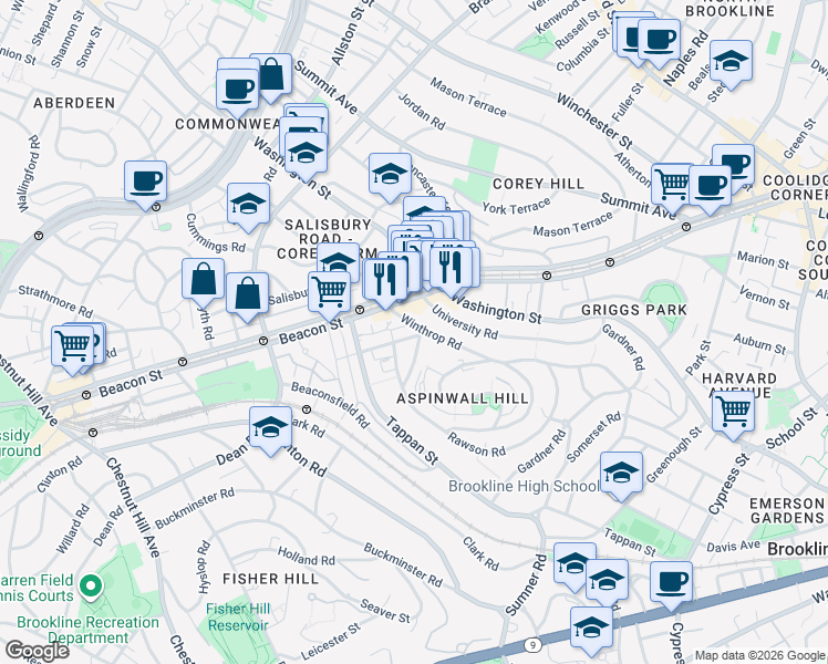 map of restaurants, bars, coffee shops, grocery stores, and more near 10 Claflin Road in Brookline