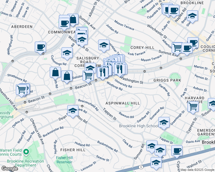 map of restaurants, bars, coffee shops, grocery stores, and more near 10 Claflin Road in Brookline