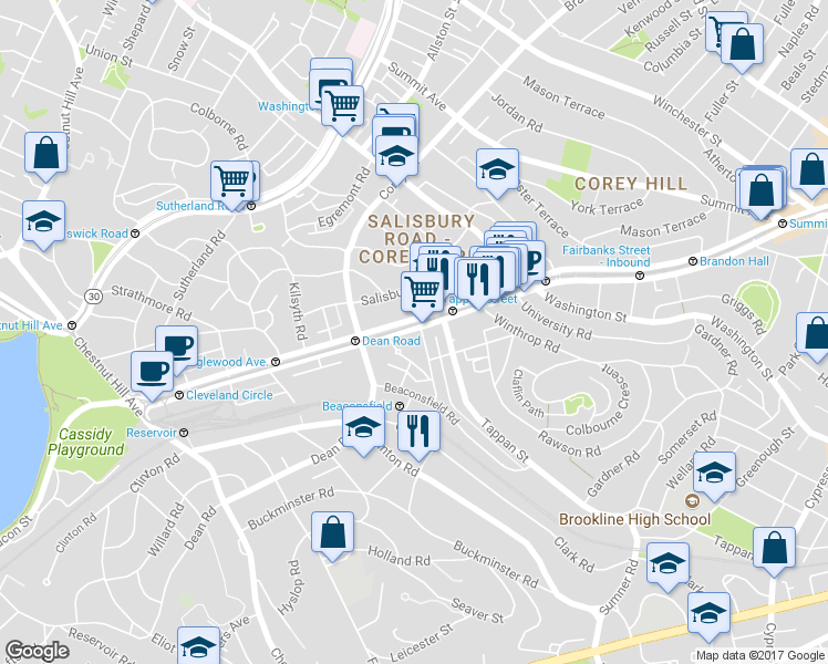 map of restaurants, bars, coffee shops, grocery stores, and more near in Brookline