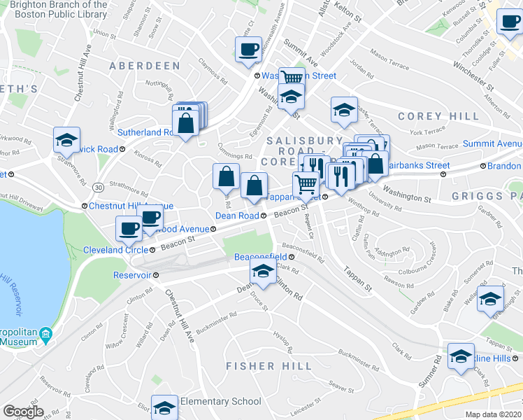 map of restaurants, bars, coffee shops, grocery stores, and more near 1763 Beacon Street in Brookline