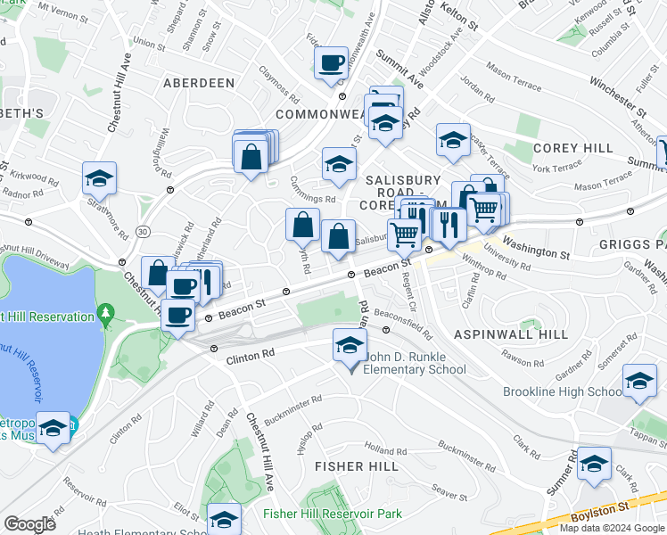 map of restaurants, bars, coffee shops, grocery stores, and more near 1804 Beacon Street in Brookline