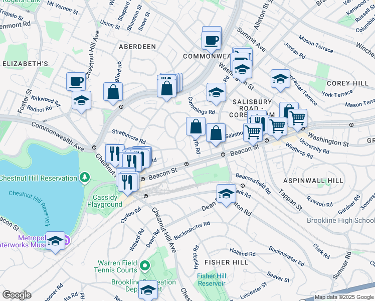 map of restaurants, bars, coffee shops, grocery stores, and more near in Brookline